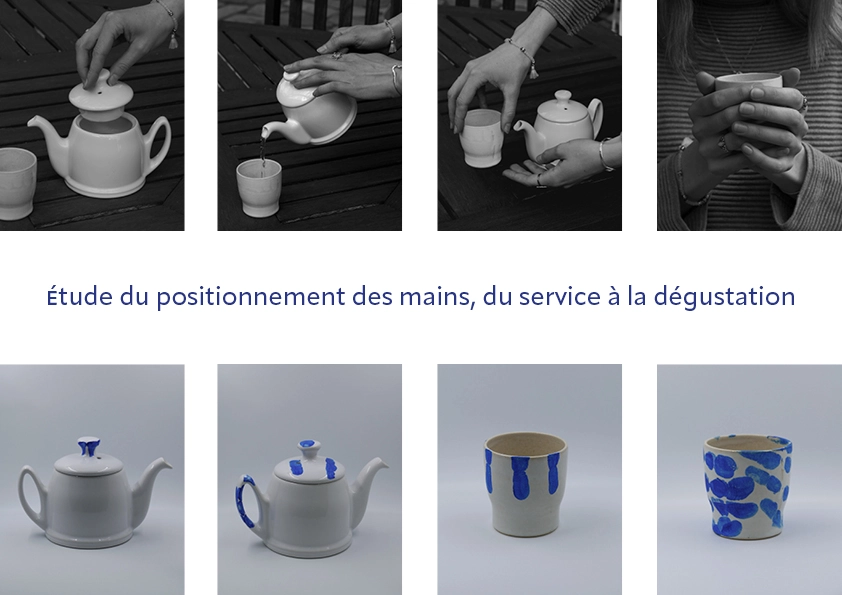 série de 8 photos sur la recherche du positionnement des mains sur les théières et les tasses (mises en situation dans les mains et empreintes à la gouache bleue sur email blanc)