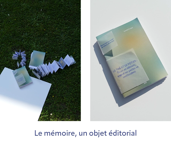 objet éditorial autour de mon mémoire, première de couverture (le thé et le potier: tours et détours, quand les gestes se confondent)