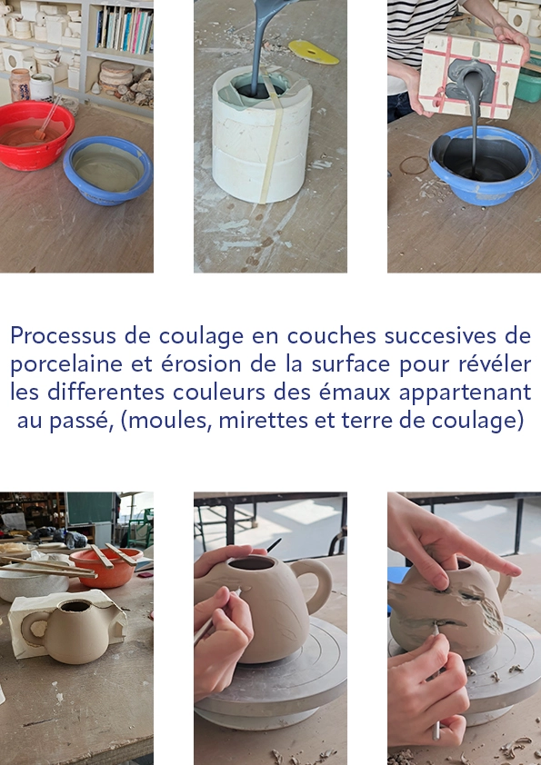 reportage photo sur la technique du coulage dans ma production avec la pièce avec différentes couches de couleurs