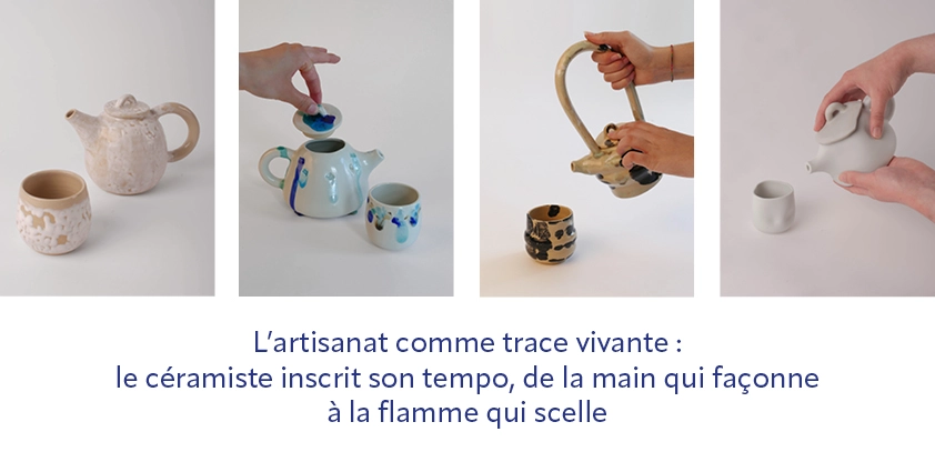 Axe 2: L’artisanat comme trace vivante : le céramiste inscrit son tempo, de la main qui façonne à la flamme qui scelle. (tournage grès blanc et émail de retrait, coulage de porcelaine et morceaux de verre, grande anse tournage et empreintes de mains à l'engobe noire, déformation de la porcelaine)