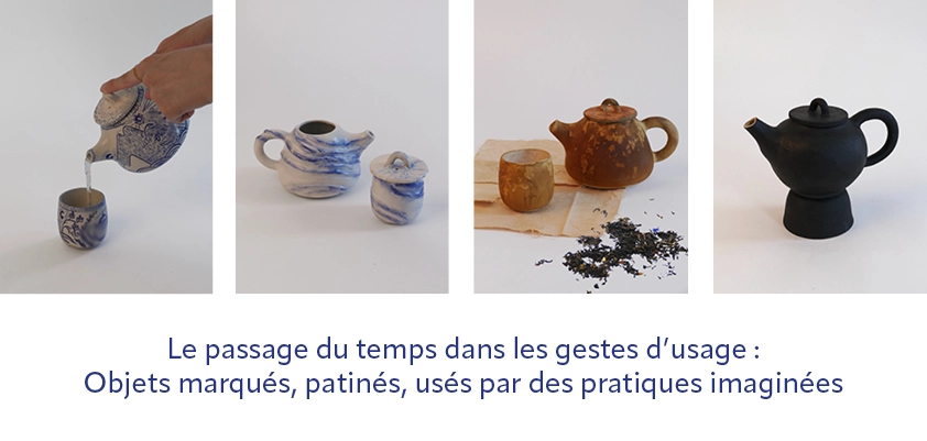 Axe 3: Le passage du temps dans les gestes d’usage : Objets marqués, patinés, comme usés par des pratiques imaginées. (dessin crayon oxyde sur porcelaine avec effets de flou, vent et poudre sur porcelaine, théière infusée, ensemble noir mat)