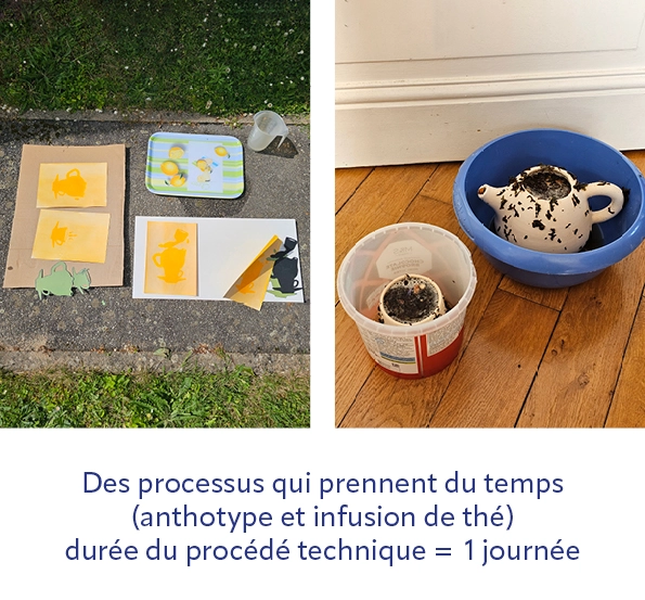 expérimentation de l'anthotype (cyanotype naturel) et de l'imprégnation de thé dans une théière biscuitée