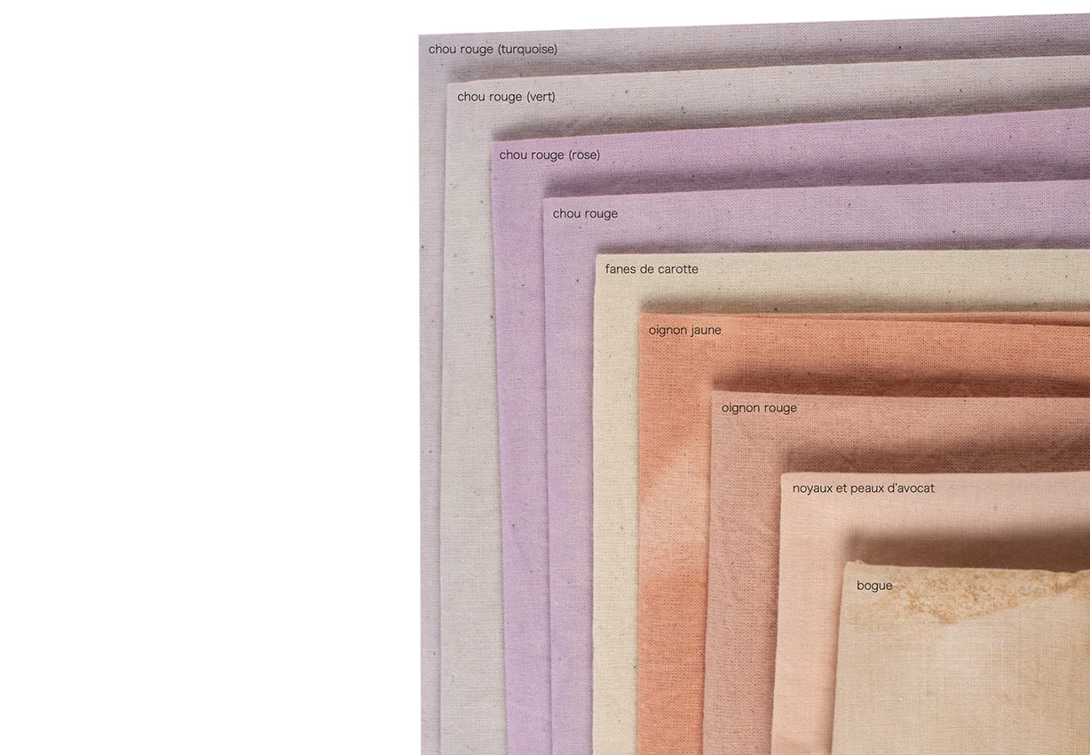 Échantillons textiles en teintures végétales, du rose au violet
