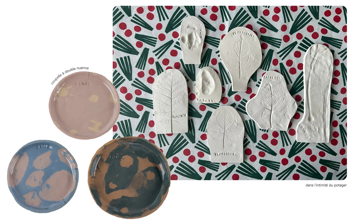 Atelier pédagogique : coupelles et estampages de feuilles en terre blanche