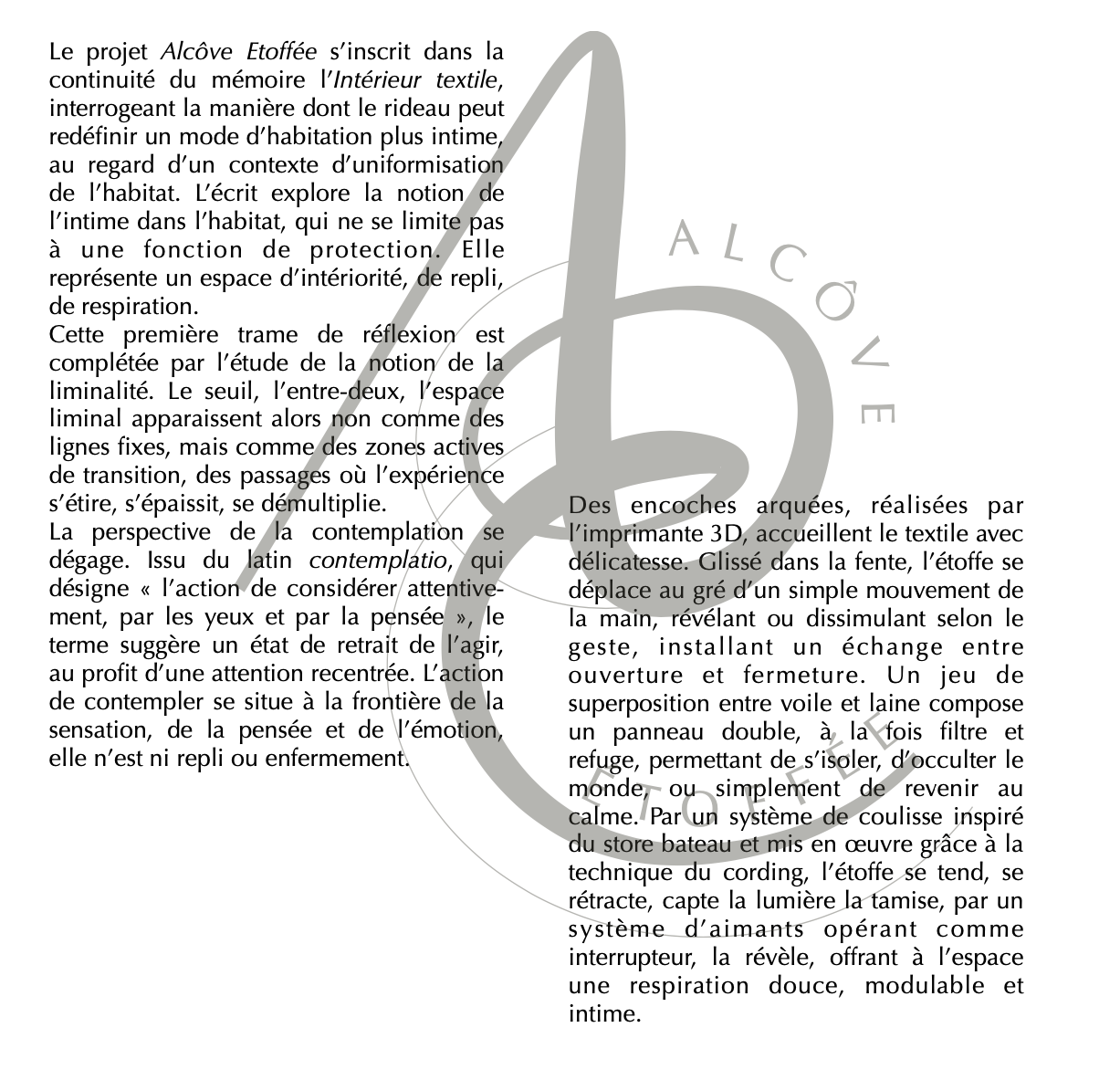 Alcove Etoffée : texte d'intention de projet, logo 