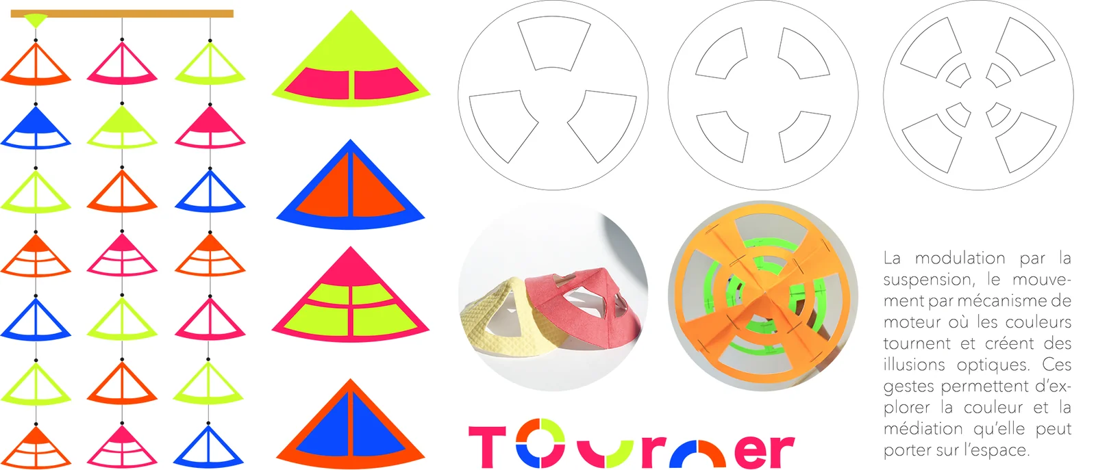 Planche « Tourner » : suspensions triangulaires colorées et disques ajourés