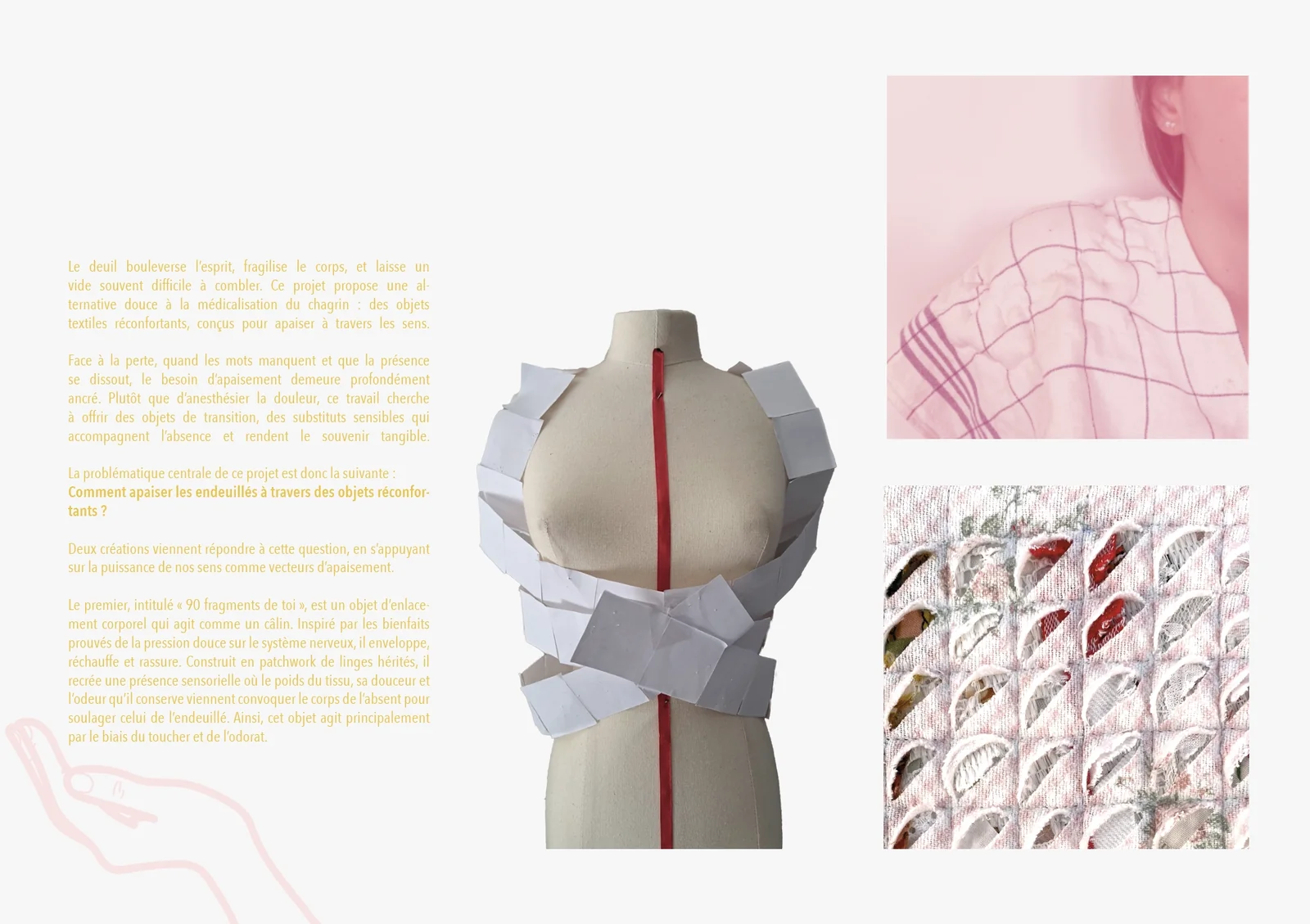 Planche : enlacement corporel en patchwork sur mannequin et détails des linges