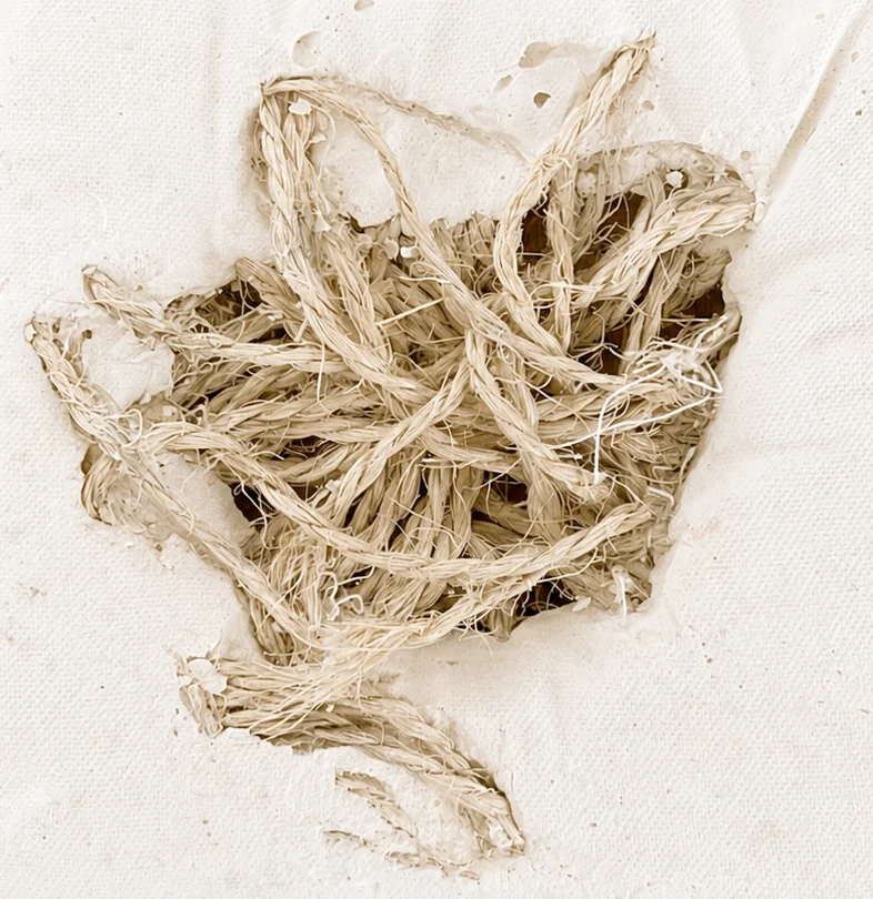 Échantillon : ficelle de fibre naturelle prise dans une matière blanche