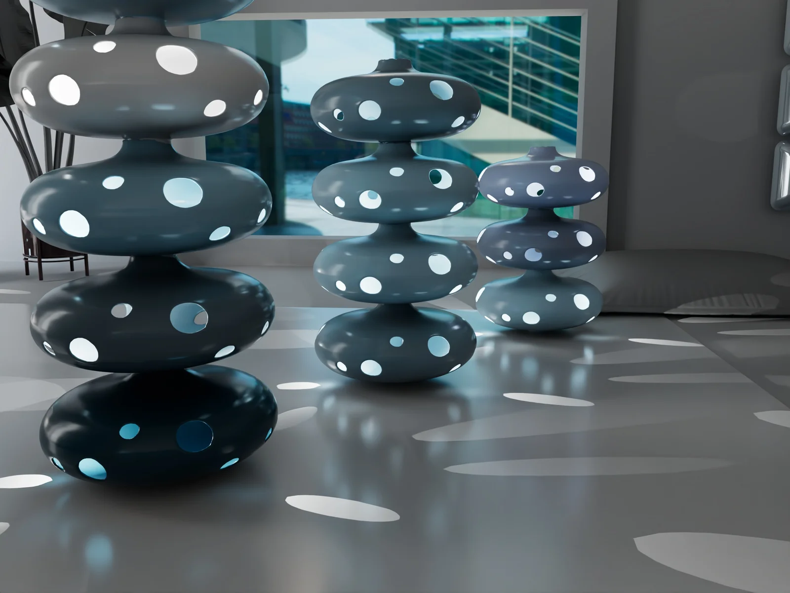 Rendu 3D : modules lumineux empilés dans la salle zen