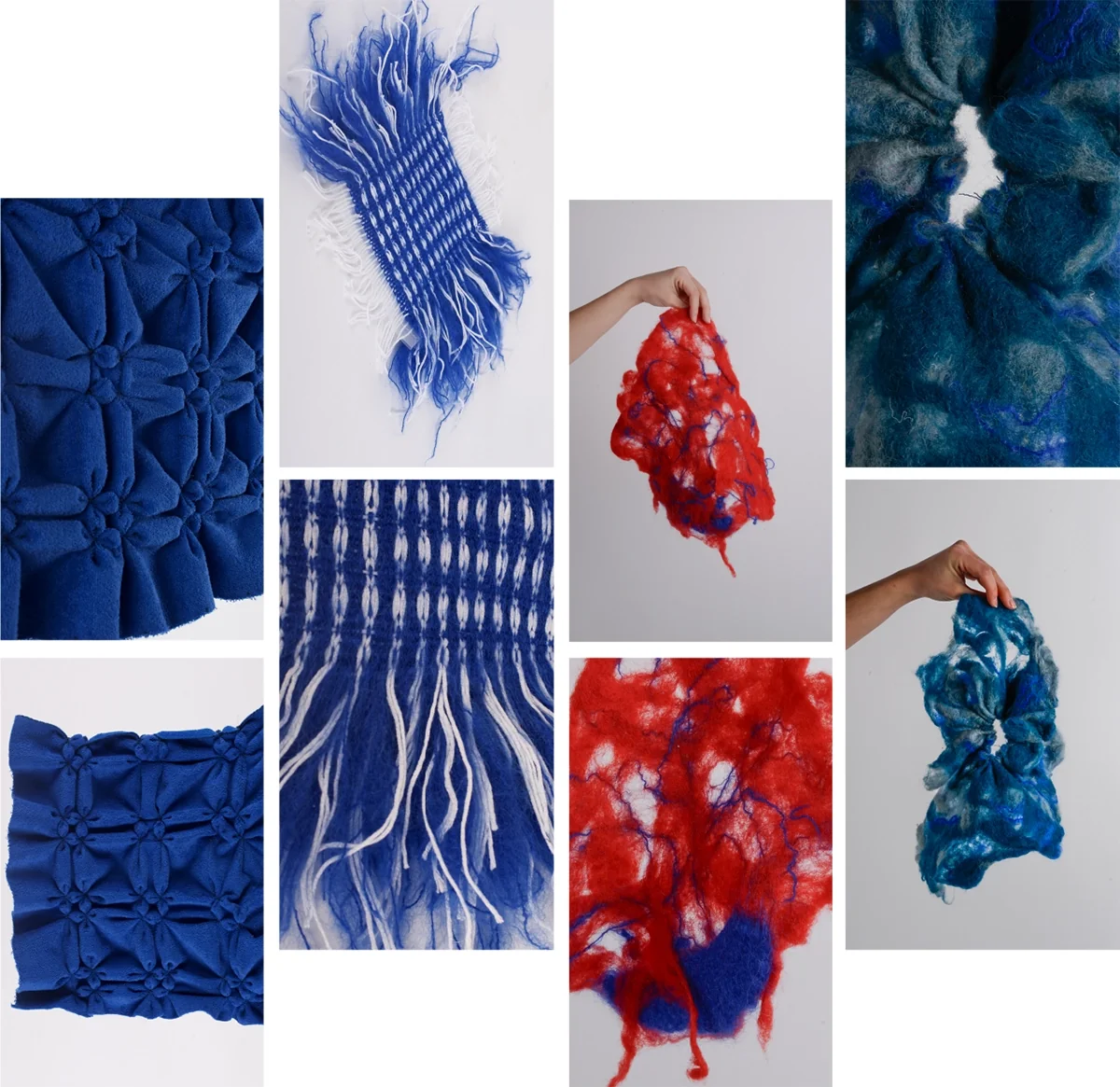 Matériauthèque : échantillons textiles bleus et rouges, smocks, feutres et franges