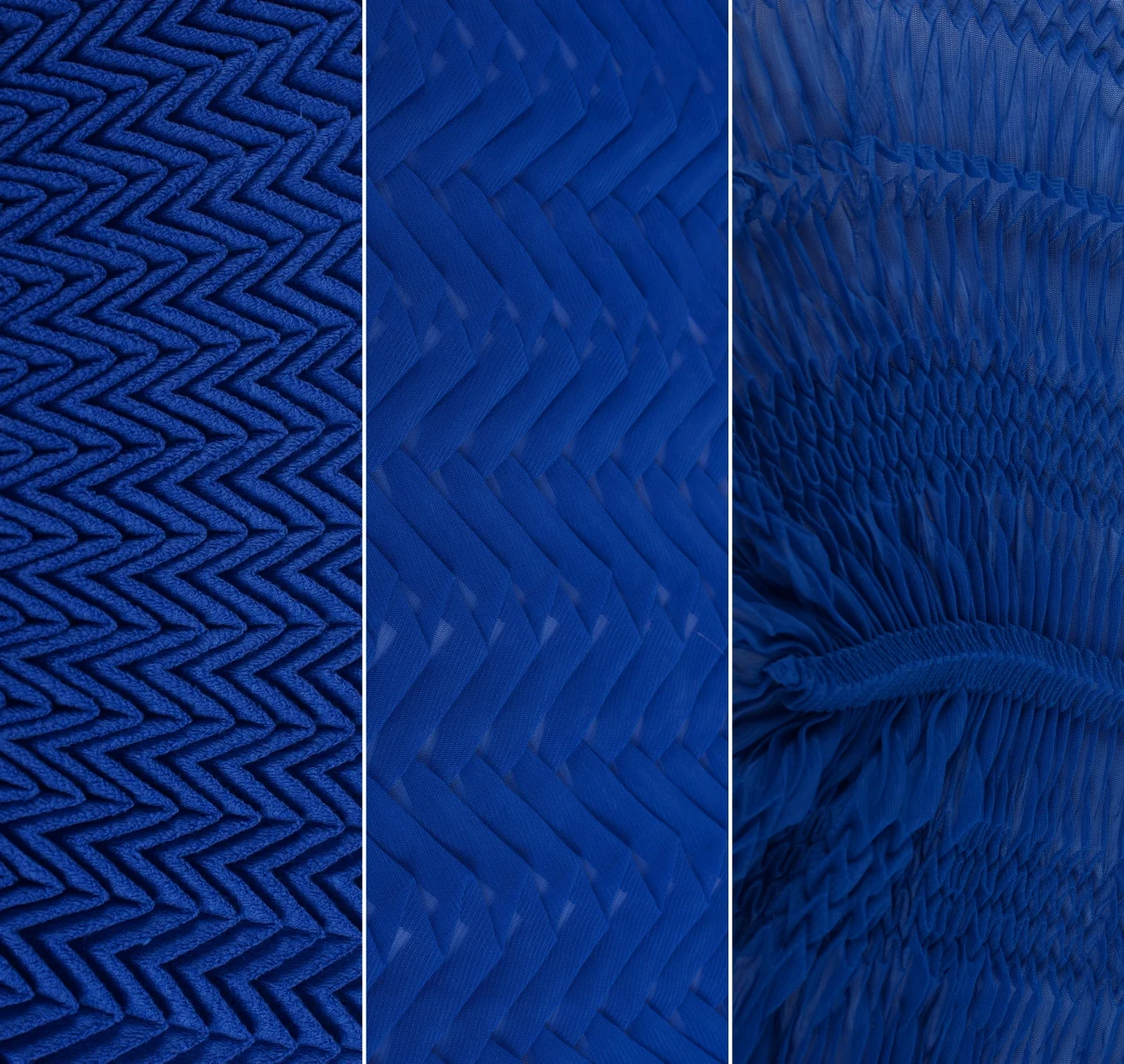 Trois variations de plissés sur un tissu bleu