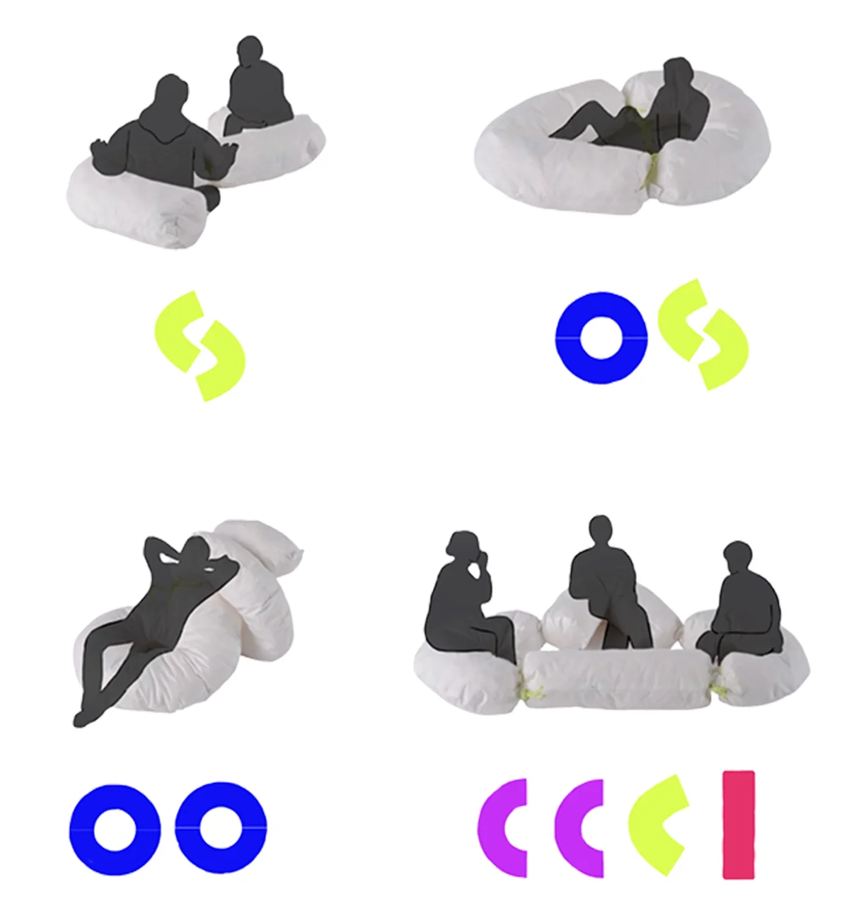 Associations de modules et postures assises ou allongées